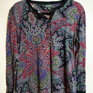 Lauren Ralph Lauren Colorful Paisley Long Sleeve Top 100% Cotton, Large